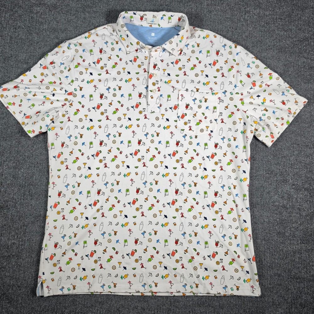 Johnnie-O Hangin Out Mens Large White Cocktail Print Polo Shirt Short Sleeve L